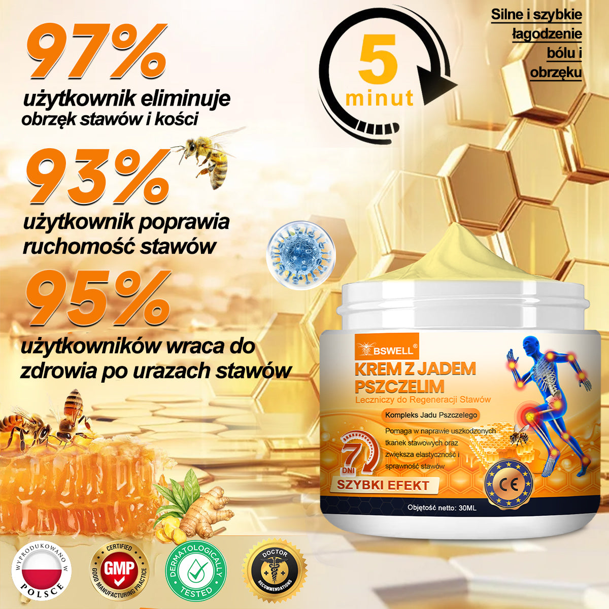✅ BSWELL® Krem z jadem pszczelim na regenerację stawów 🏃‍♀️ (ekstrakt z pszczoły nowozelandzkiej – opracowany z myślą o osobach z problemami ze stawami i bólem stawów)